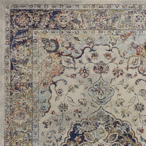 HomeRoots 5' Traditional Medallion Area Rug in Ivory with Blue and Orange Accents for Timeless Elegance 5' X 8' 352579