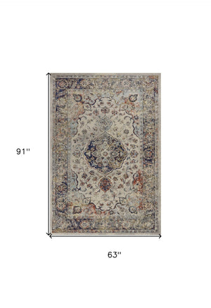 HomeRoots 5' Traditional Medallion Area Rug in Ivory with Blue and Orange Accents for Timeless Elegance 5' X 8' 352579