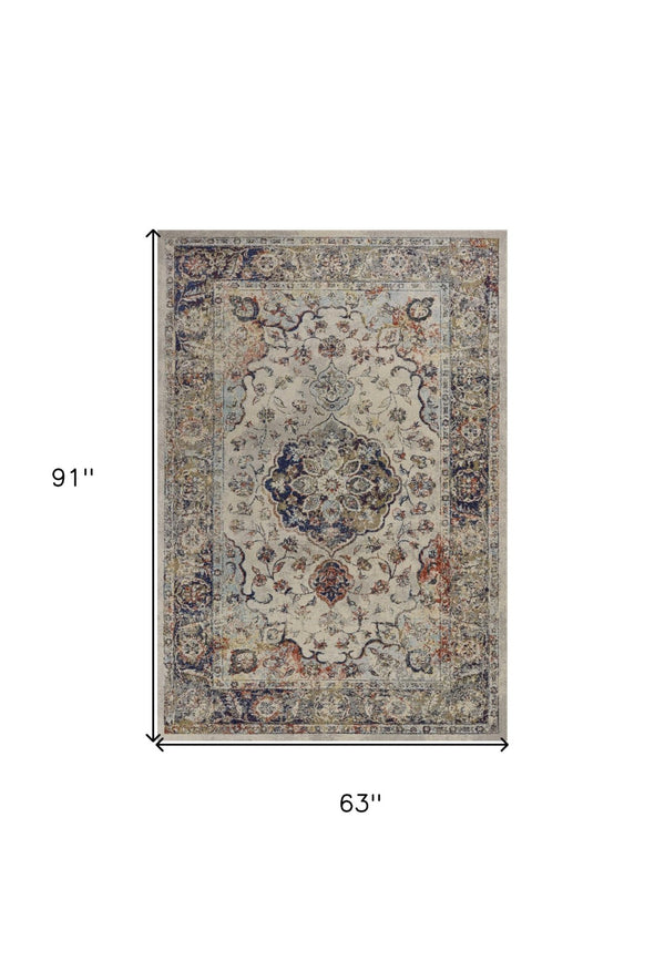 HomeRoots 5' Traditional Medallion Area Rug in Ivory with Blue and Orange Accents for Timeless Elegance 5' X 8' 352579