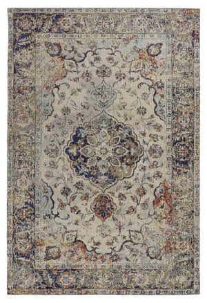HomeRoots 5' Traditional Medallion Area Rug in Ivory with Blue and Orange Accents for Timeless Elegance 5' X 8' 352579