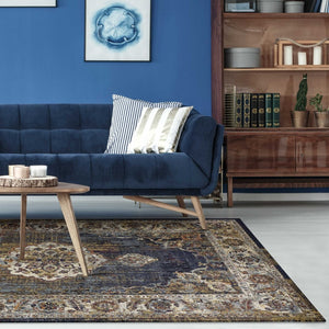 HomeRoots 5' Traditional Medallion Area Rug in Navy, Gold & Ivory – Elegant, Durable, and Timeless Design 5' X 8' 352580
