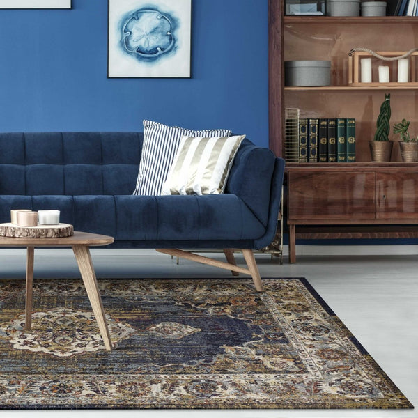 HomeRoots 5' Traditional Medallion Area Rug in Navy, Gold & Ivory – Elegant, Durable, and Timeless Design 5' X 8' 352580