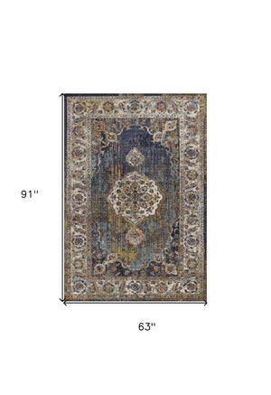 HomeRoots 5' Traditional Medallion Area Rug in Navy, Gold & Ivory – Elegant, Durable, and Timeless Design 5' X 8' 352580