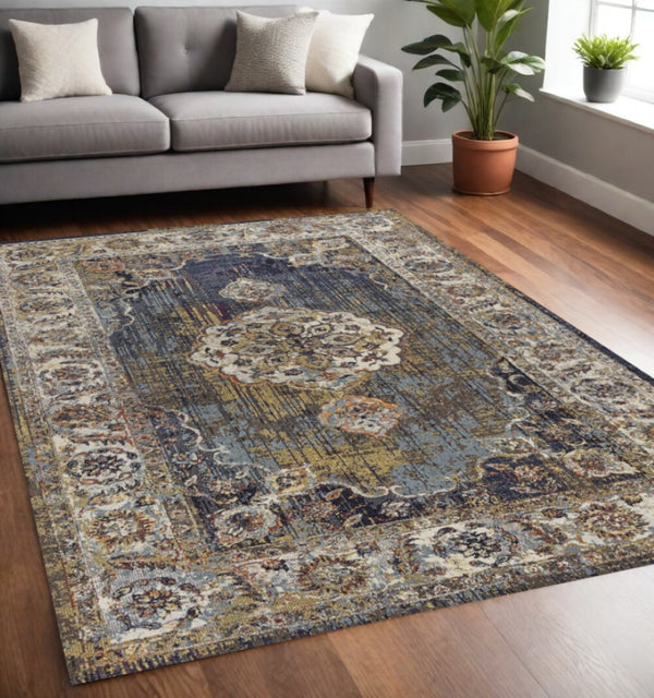 HomeRoots 5' Traditional Medallion Area Rug in Navy, Gold & Ivory – Elegant, Durable, and Timeless Design 5' X 8' 352580