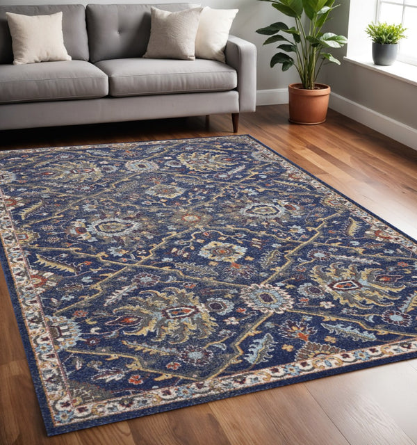 HomeRoots 5' Royal Blue Gold and Gray Medallion Area Rug – Timeless Elegance for Living Rooms and More! 5' X 8' 352583