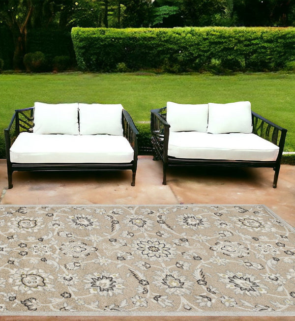HomeRoots 7' Timeless Floral Beige Area Rug – Versatile Indoor/Outdoor Design for Elegant Spaces & Durability 7' x 10' 352597