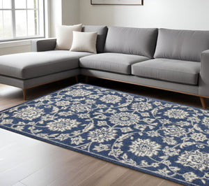 HomeRoots 7' Elegant Blue and Ivory Floral Medallion Area Rug - Durable, Stain-Resistant, Low-Maintenance Design 7' X 9' 352598