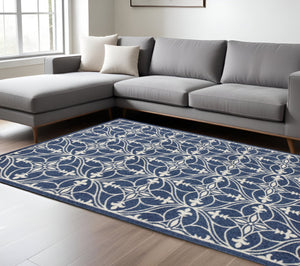 HomeRoots 7' Floral Medallion Area Rug in Blue and Ivory - Elegant, Durable Design for High-Traffic Spaces 7' X 9' 352600