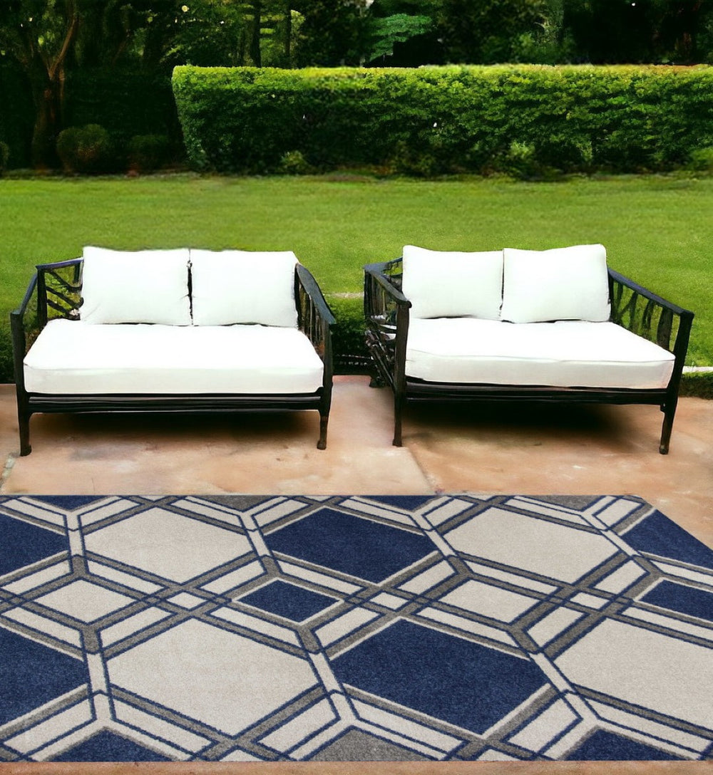 HomeRoots 7' Ivory and Blue Geometric Area Rug - Durable, Stylish, Indoor Outdoor Design for Modern Spaces 7' x 10' 352603