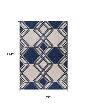 HomeRoots 7' Ivory and Blue Geometric Area Rug - Durable, Stylish, Indoor Outdoor Design for Modern Spaces 7' x 10' 352603