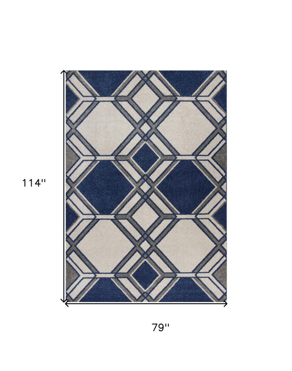 HomeRoots 7' Ivory and Blue Geometric Area Rug - Durable, Stylish, Indoor Outdoor Design for Modern Spaces 7' x 10' 352603