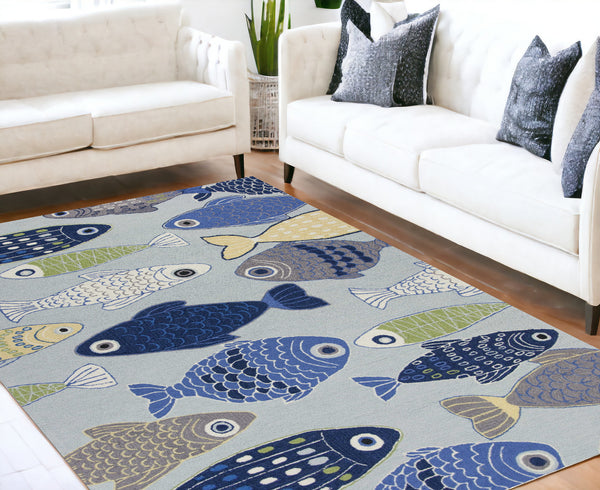 Homeroots 5' X 7' Light Blue School Of Fish Indoor Area Rug  Polyester 352605