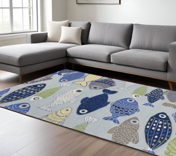 HomeRoots 5' Hand-Hooked Area Rug with Blue, Ivory, and Green Fish Motif – Durable, Stain Resistant, Artful Charm 5' X 7' 352605