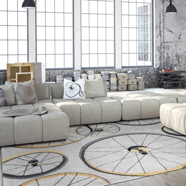 HomeRoots 5' Bold Modern Gray Black Yellow Abstract Geometric Hand-Hooked Area Rug for Stylish Spaces 5' X 8' 352611