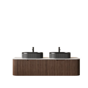 English Elm Dina 60 Inch Floating Bathroom Vanity Sintered Stone Top Dual Glass Basins Wood Grain Black + Dark Walnut,Carrara White W2615S00204
