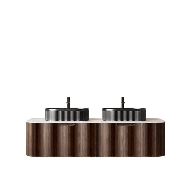 English Elm Dina 60 Inch Floating Bathroom Vanity Sintered Stone Top Dual Glass Basins Wood Grain Black + Dark Walnut,Carrara White W2615S00204