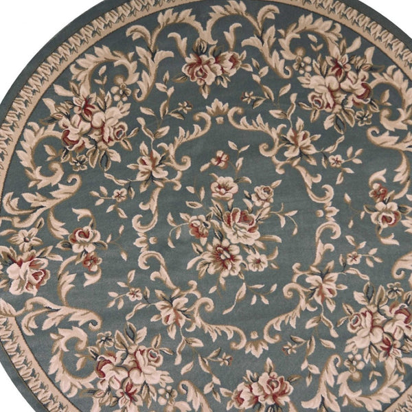 HomeRoots 8' Slate Blue Red Ivory Floral Medallion Rug – Timeless Elegance, Durable, Stain-Resistant Design 8' Round 352678