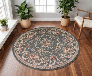 HomeRoots 8' Slate Blue Red Ivory Floral Medallion Rug – Timeless Elegance, Durable, Stain-Resistant Design 8' Round 352678