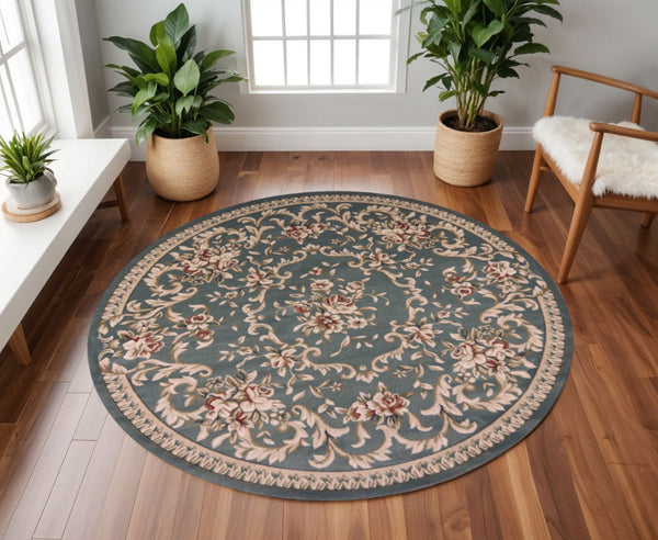 HomeRoots 8' Slate Blue Red Ivory Floral Medallion Rug – Timeless Elegance, Durable, Stain-Resistant Design 8' Round 352678