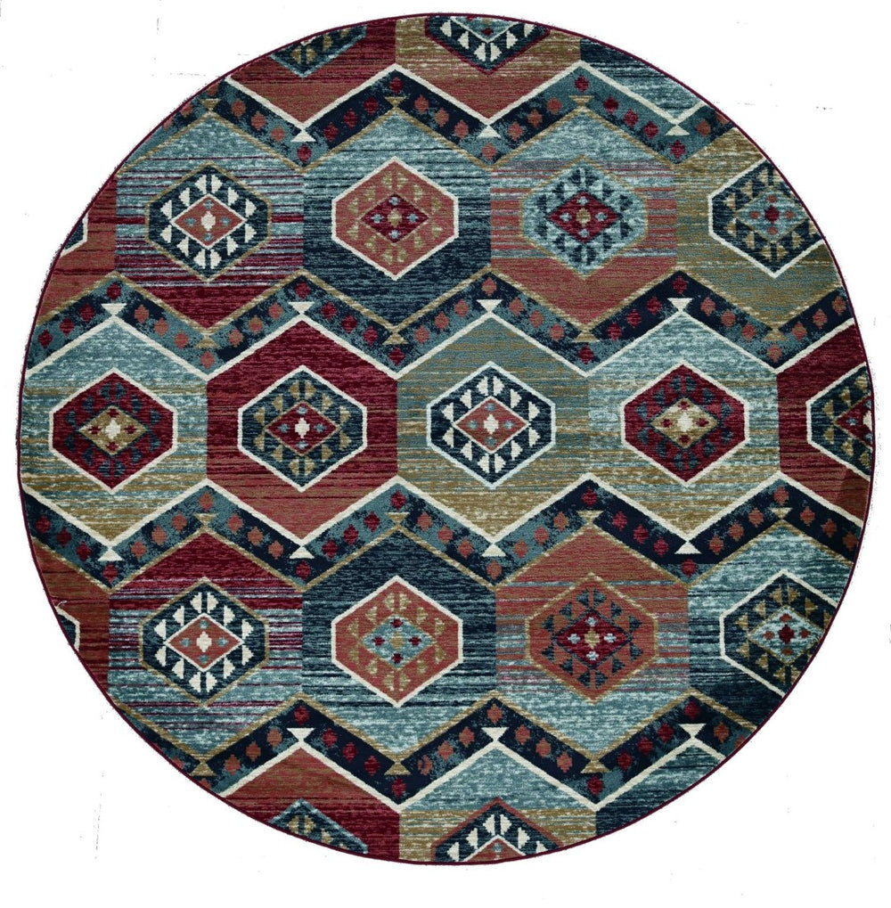 HomeRoots 7' Vibrant Red and Blue Geometric Round Area Rug - Durable, Stylish Design for High-Traffic Spaces 7' Round 352680