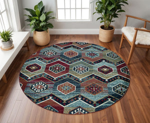 HomeRoots 7' Vibrant Red and Blue Geometric Round Area Rug - Durable, Stylish Design for High-Traffic Spaces 7' Round 352680