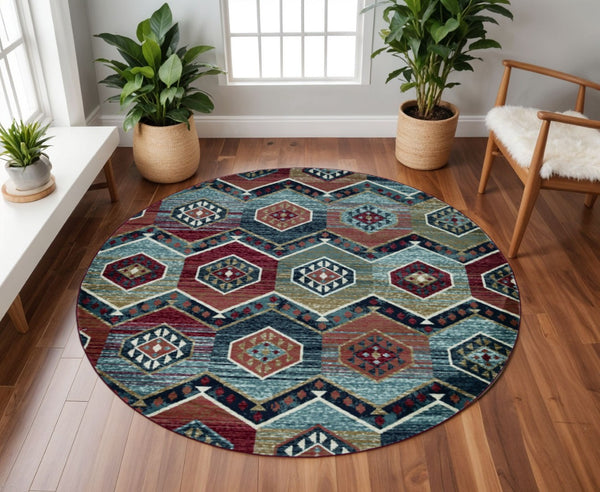 HomeRoots 7' Vibrant Red and Blue Geometric Round Area Rug - Durable, Stylish Design for High-Traffic Spaces 7' Round 352680