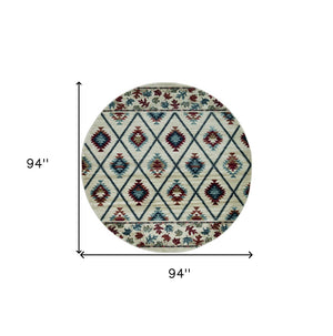 HomeRoots 8' Geometric Ivory Blue and Red Rug - Durable, Stain-Resistant Design for Stylish High-Traffic Areas 8' Round 352681