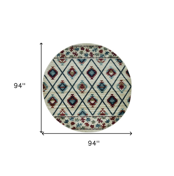 HomeRoots 8' Geometric Ivory Blue and Red Rug - Durable, Stain-Resistant Design for Stylish High-Traffic Areas 8' Round 352681