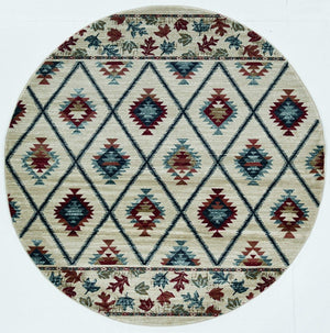 HomeRoots 8' Geometric Ivory Blue and Red Rug - Durable, Stain-Resistant Design for Stylish High-Traffic Areas 8' Round 352681