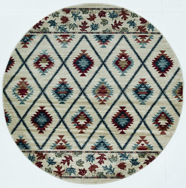 HomeRoots 8' Geometric Ivory Blue and Red Rug - Durable, Stain-Resistant Design for Stylish High-Traffic Areas 8' Round 352681