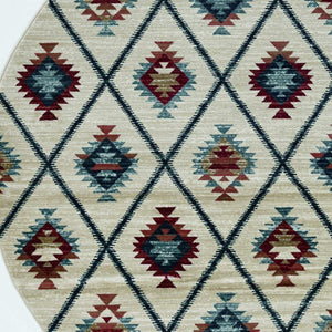 HomeRoots 8' Geometric Ivory Blue and Red Rug - Durable, Stain-Resistant Design for Stylish High-Traffic Areas 8' Round 352681