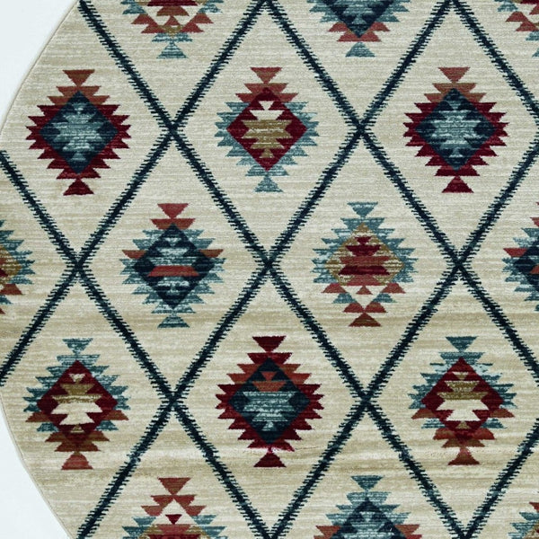 HomeRoots 8' Geometric Ivory Blue and Red Rug - Durable, Stain-Resistant Design for Stylish High-Traffic Areas 8' Round 352681