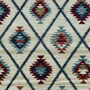 HomeRoots 8' Geometric Ivory Blue and Red Rug - Durable, Stain-Resistant Design for Stylish High-Traffic Areas 8' Round 352681