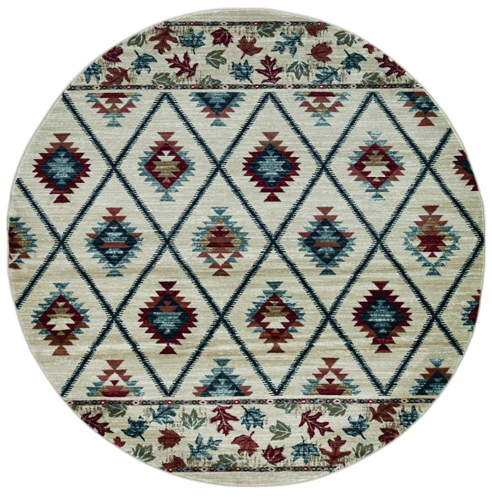 HomeRoots 8' Geometric Ivory Blue and Red Rug - Durable, Stain-Resistant Design for Stylish High-Traffic Areas 8' Round 352681