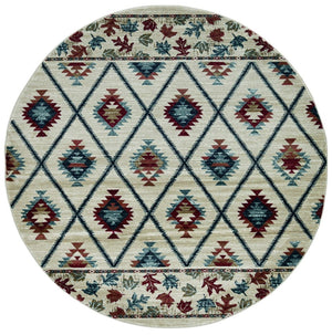 HomeRoots 8' Geometric Ivory Blue and Red Rug - Durable, Stain-Resistant Design for Stylish High-Traffic Areas 8' Round 352681