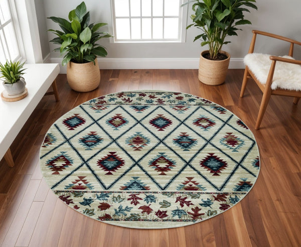 HomeRoots 8' Geometric Ivory Blue and Red Rug - Durable, Stain-Resistant Design for Stylish High-Traffic Areas 8' Round 352681