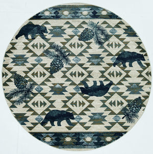 HomeRoots 8' Southwestern Round Rug in Ivory and Blue – Durable, Stain-Resistant, Ideal for High-Traffic Areas 8' Round 352682
