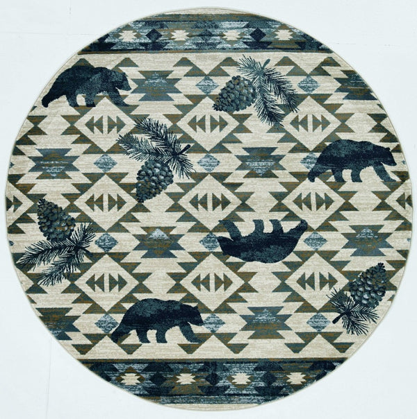 HomeRoots 8' Southwestern Round Rug in Ivory and Blue – Durable, Stain-Resistant, Ideal for High-Traffic Areas 8' Round 352682