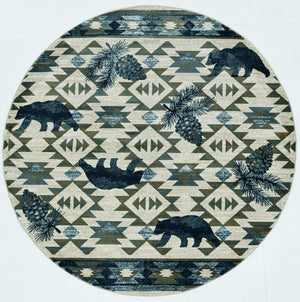 HomeRoots 8' Southwestern Round Rug in Ivory and Blue – Durable, Stain-Resistant, Ideal for High-Traffic Areas 8' Round 352682
