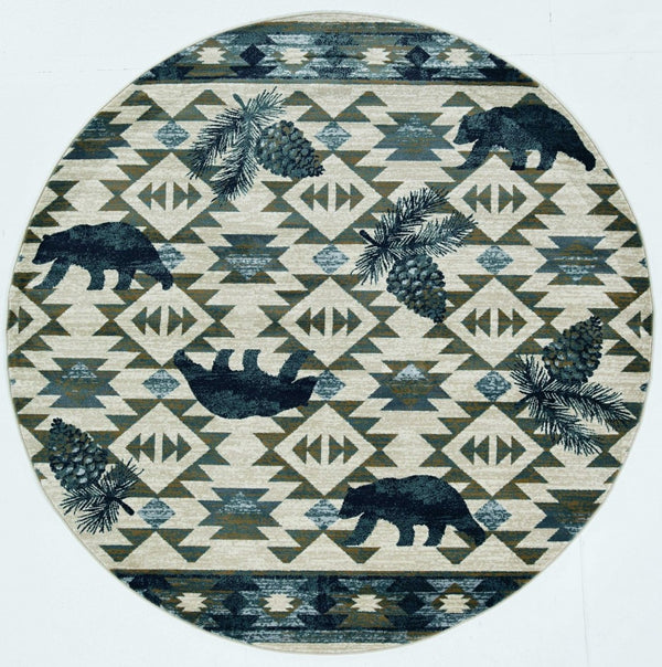 HomeRoots 8' Southwestern Round Rug in Ivory and Blue – Durable, Stain-Resistant, Ideal for High-Traffic Areas 8' Round 352682