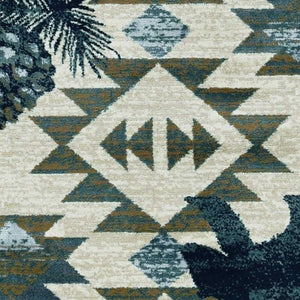 HomeRoots 8' Southwestern Round Rug in Ivory and Blue – Durable, Stain-Resistant, Ideal for High-Traffic Areas 8' Round 352682
