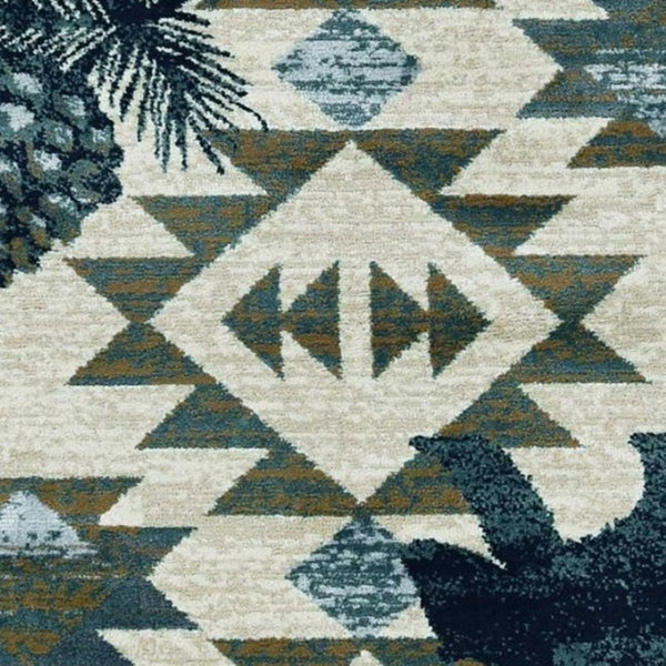 HomeRoots 8' Southwestern Round Rug in Ivory and Blue – Durable, Stain-Resistant, Ideal for High-Traffic Areas 8' Round 352682