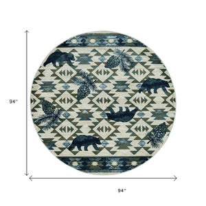 HomeRoots 8' Southwestern Round Rug in Ivory and Blue – Durable, Stain-Resistant, Ideal for High-Traffic Areas 8' Round 352682