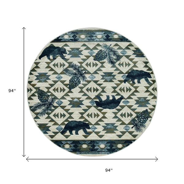 HomeRoots 8' Southwestern Round Rug in Ivory and Blue – Durable, Stain-Resistant, Ideal for High-Traffic Areas 8' Round 352682