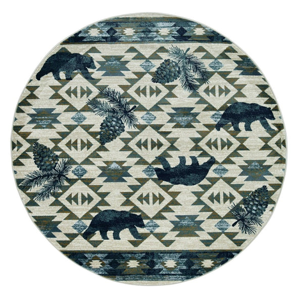 HomeRoots 8' Southwestern Round Rug in Ivory and Blue – Durable, Stain-Resistant, Ideal for High-Traffic Areas 8' Round 352682