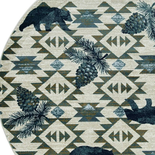 HomeRoots 8' Southwestern Round Rug in Ivory and Blue – Durable, Stain-Resistant, Ideal for High-Traffic Areas 8' Round 352682