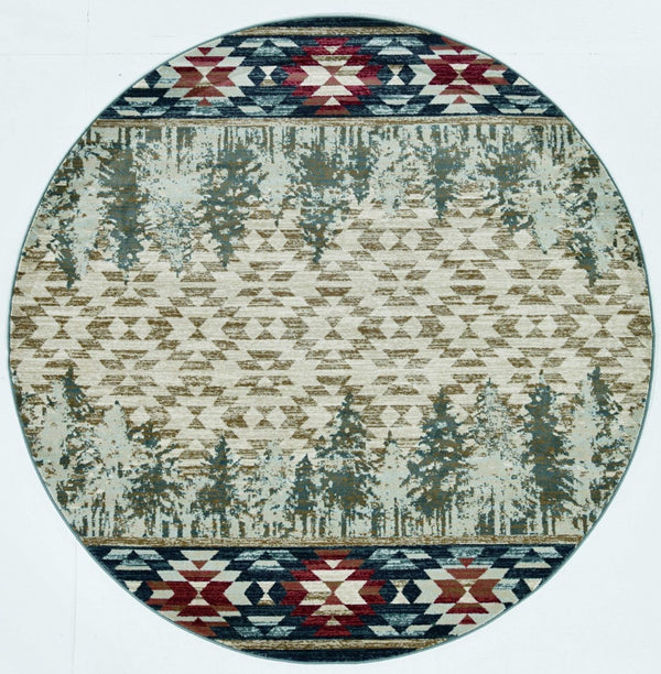 HomeRoots 8' Southwestern Area Rug in Earthy Ivory, Green, and Red - Durable, Easy-Care, Timeless Design 8' Round 352683