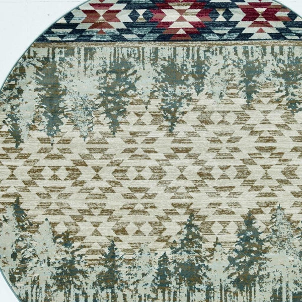 HomeRoots 8' Southwestern Area Rug in Earthy Ivory, Green, and Red - Durable, Easy-Care, Timeless Design 8' Round 352683