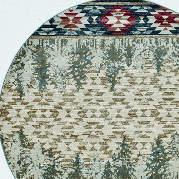 HomeRoots 8' Southwestern Area Rug in Earthy Ivory, Green, and Red - Durable, Easy-Care, Timeless Design 8' Round 352683