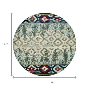 HomeRoots 8' Southwestern Area Rug in Earthy Ivory, Green, and Red - Durable, Easy-Care, Timeless Design 8' Round 352683